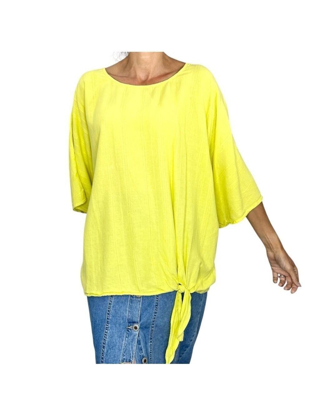 Lemon yellow linen blend tie front dolman short sleeve lightweight top XXL
